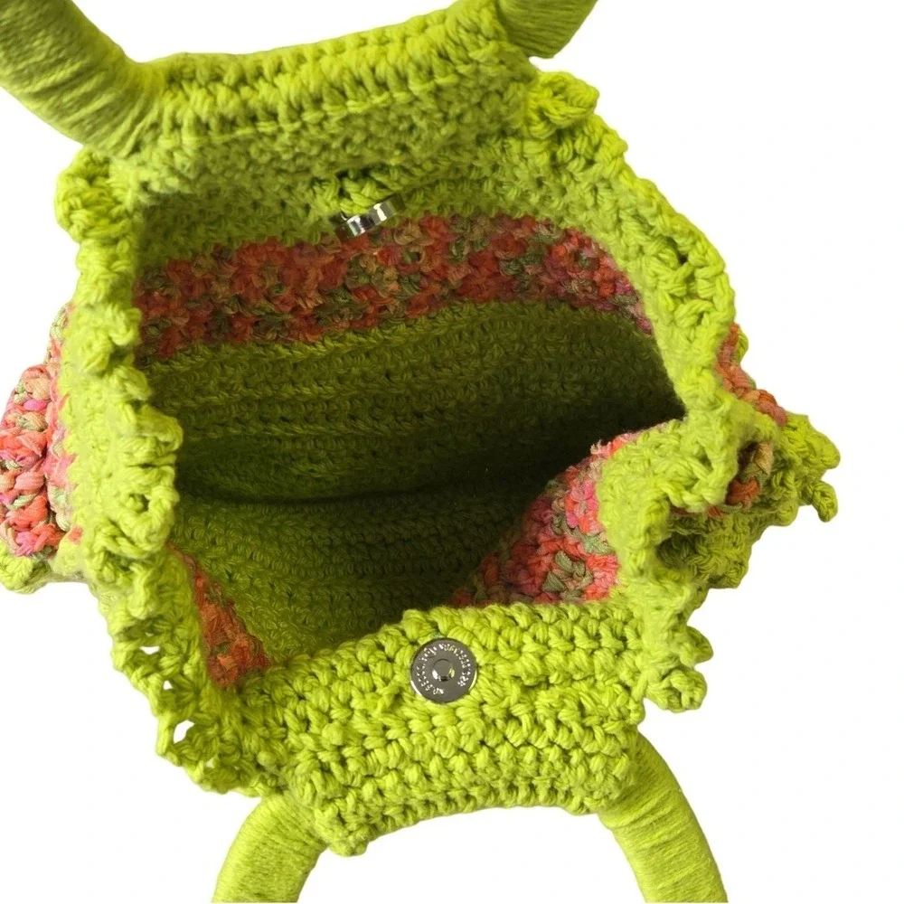 Handmade Crochet Ruffle Handbag Lime Green Pink Orange Boho Tote Bag Y2K style